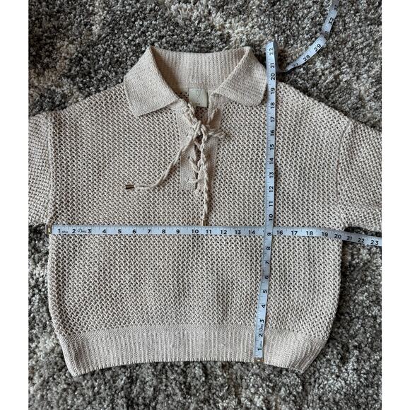 Joie Ivory Sequin Open Knit Lace-Up Collared Long Sleeve Pullover Sweater Medium - Picture 11 of 13